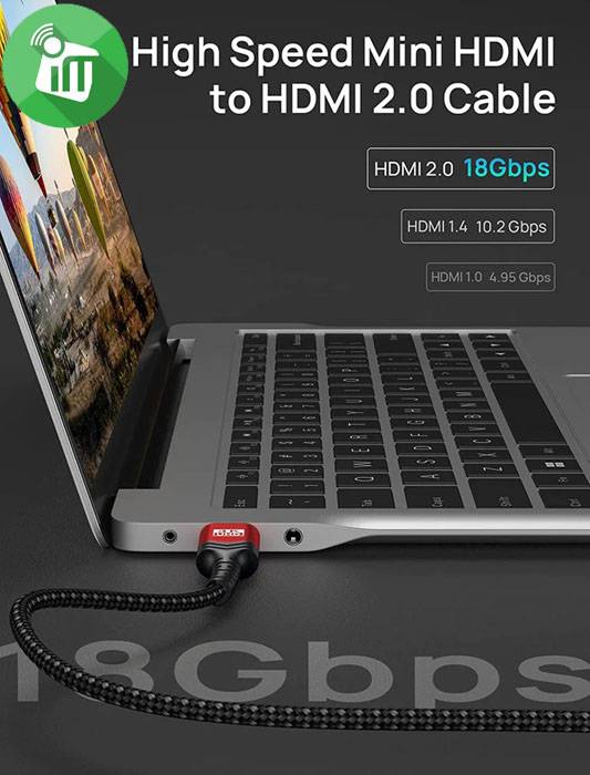 JSAUX Adaptateur Mini HDMI Vers HDMI, Câble Adaptateur Mini HDMI Mâle Vers Femelle Avec 4K 60 Hz HDR 3D 18Gbps, Compatible Avec DSLR, Caméscope, Tablette, HDTV, Projecteur- Gris